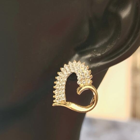 Vintage 90's Gold Tone Crystals Heart Piercing Earrings - Picture 1 of 2
